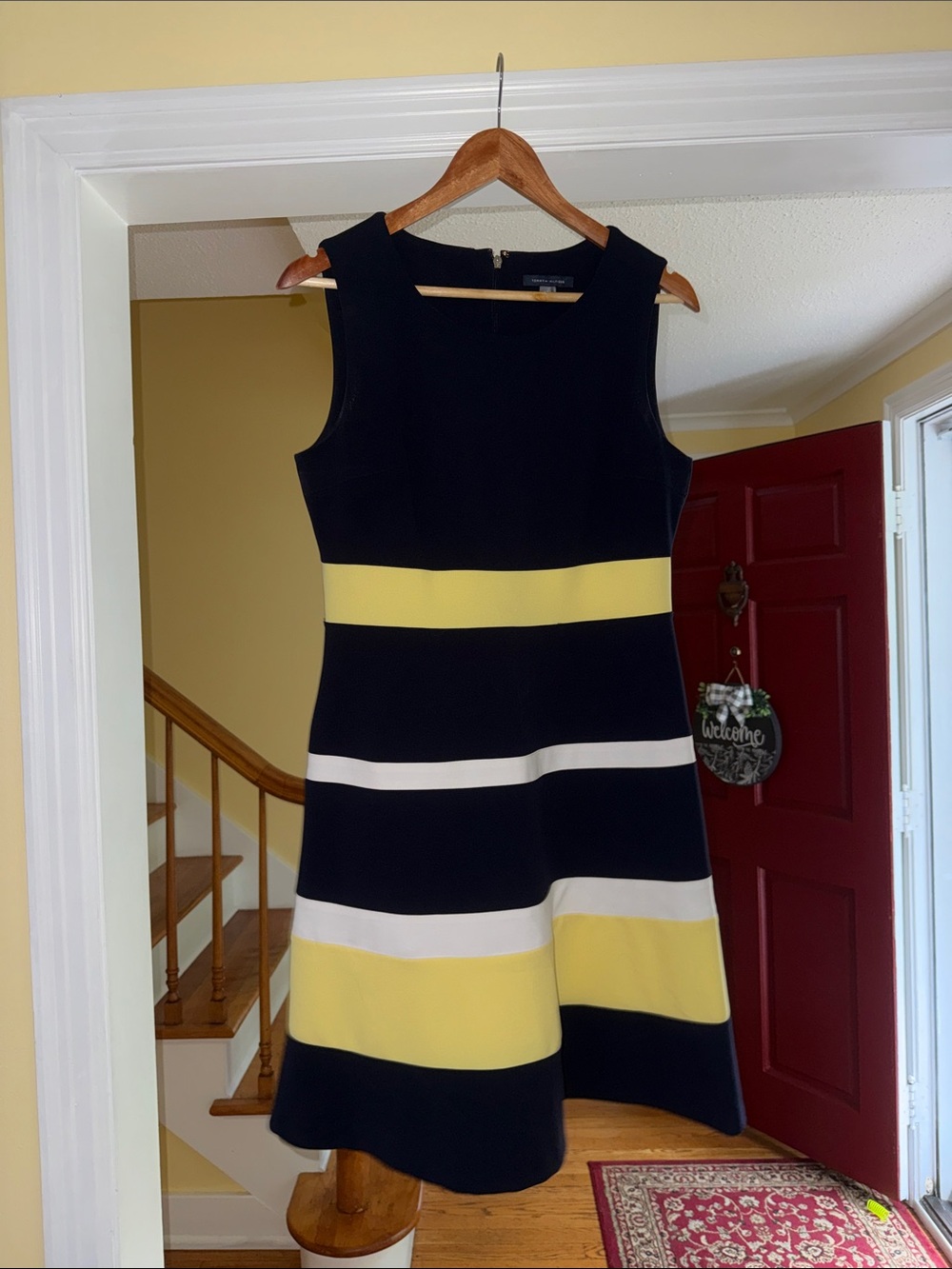 Tommy Hilfiger Navy, Yellow & White Striped Sleeveless Fit-and-Flare Dress